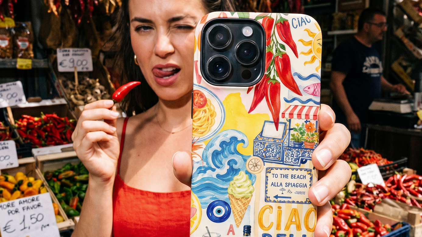 A woman in a red dress holds up a phone case featuring a colorful 'Ciao Amore' Sicilian collage design with illustrations of chili peppers, waves, and local landmarks, set against a busy market background filled with red chilies.