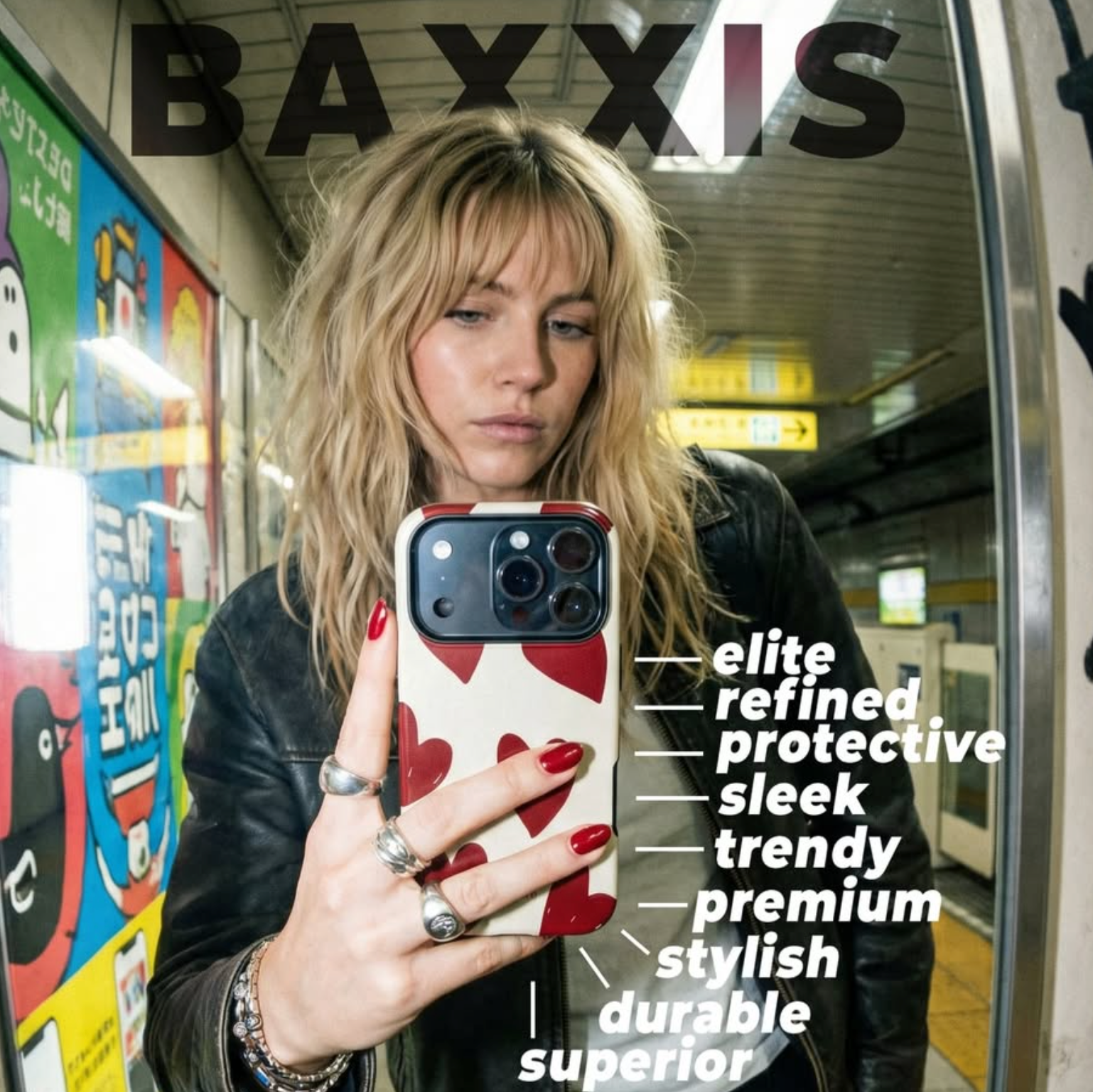 A woman in a black leather jacket takes a mirror selfie in a subway station while holding a phone with a cream and red patterned case. The word 'BAXXIS' is printed at the top, and descriptive text on the right lists qualities like 'elite refined', 'protective', and 'trendy'.