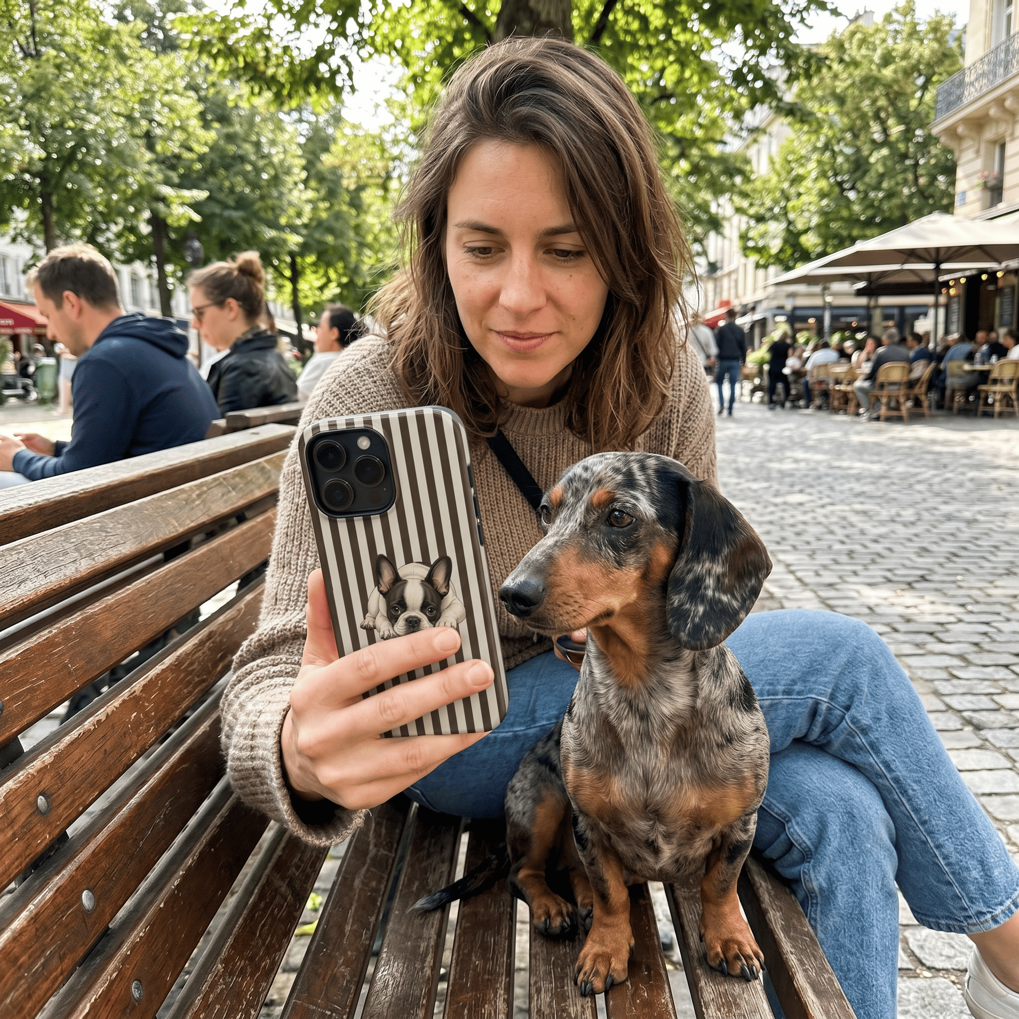 Woman taking a selfie with a dachshund on a bench in an outdoor setting
